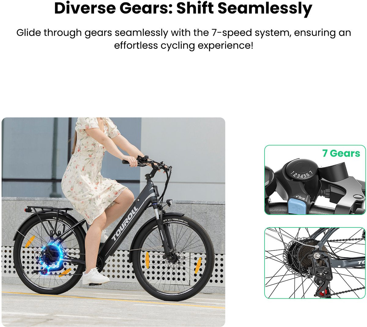 Touroll J1 ST 27,5 inch Trekking Bike met 250W Motor, 36V 15.6Ah Batterij, Max 100km Bereik, 1.8" LCD Display Shimano 7-Speed Schijfrem