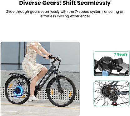 Touroll J1 ST 27,5 inch Trekking Bike met 250W Motor, 36V 15.6Ah Batterij, Max 100km Bereik, 1.8" LCD Display Shimano 7-Speed Schijfrem