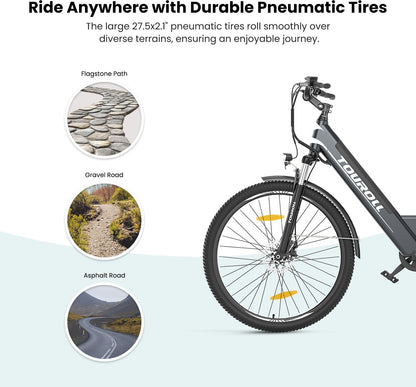 Touroll J1 ST 27,5 inch Trekking Bike met 250W Motor, 36V 15.6Ah Batterij, Max 100km Bereik, 1.8" LCD Display Shimano 7-Speed Schijfrem