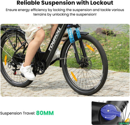 Touroll J1 ST 27,5 inch Trekking Bike met 250W Motor, 36V 15.6Ah Batterij, Max 100km Bereik, 1.8" LCD Display Shimano 7-Speed Schijfrem