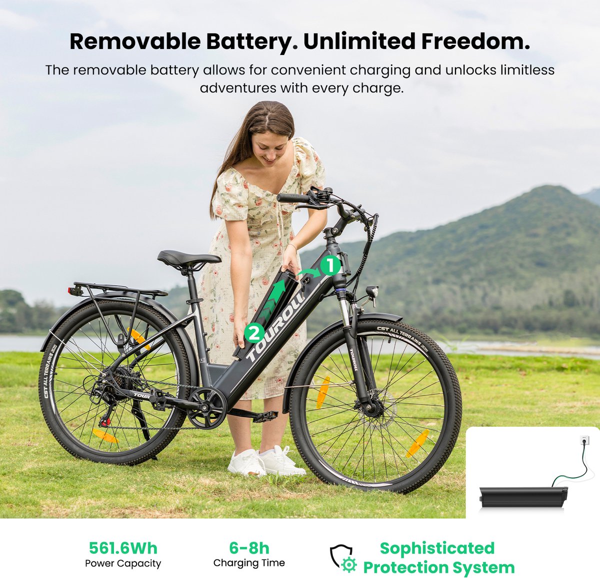 Touroll J1 ST 27,5 inch Trekking Bike met 250W Motor, 36V 15.6Ah Batterij, Max 100km Bereik, 1.8" LCD Display Shimano 7-Speed Schijfrem