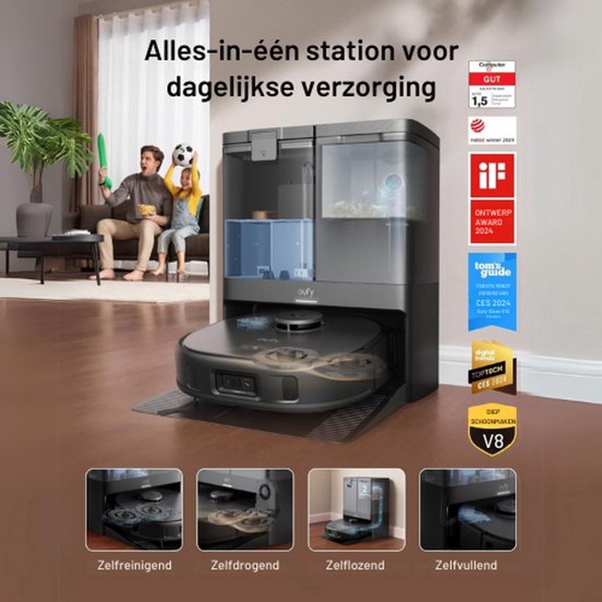 eufy Clean X10 Pro Omni Robotstofzuiger met dweil - Robot Vacuum 8000 Pa zuigkracht, tapijt detectie AI-obstakel vermijding, wast en droogt de dweil, automatisch legen en vullen