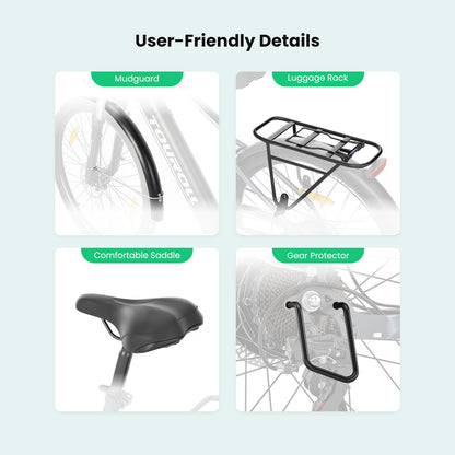 Touroll J1 ST 27,5 inch Trekking Bike met 250W Motor, 36V 15.6Ah Batterij, Max 100km Bereik, 1.8" LCD Display Shimano 7-Speed Schijfrem