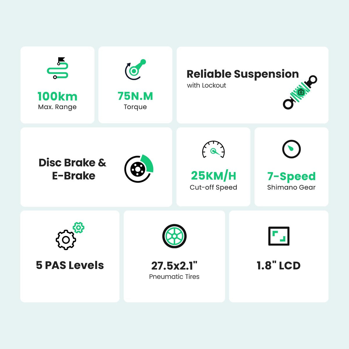 Touroll J1 ST 27,5 inch Trekking Bike met 250W Motor, 36V 15.6Ah Batterij, Max 100km Bereik, 1.8" LCD Display Shimano 7-Speed Schijfrem