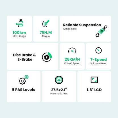 Touroll J1 ST 27,5 inch Trekking Bike met 250W Motor, 36V 15.6Ah Batterij, Max 100km Bereik, 1.8" LCD Display Shimano 7-Speed Schijfrem