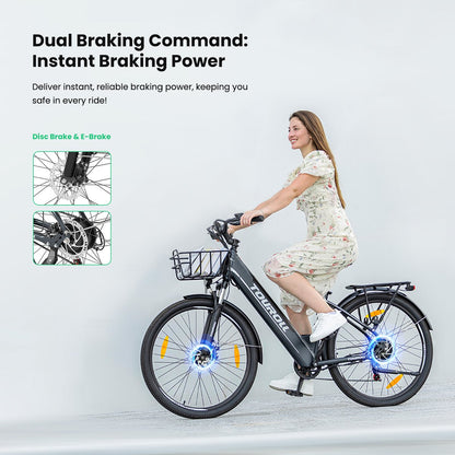 Touroll J1 ST 27,5 inch Trekking Bike met 250W Motor, 36V 15.6Ah Batterij, Max 100km Bereik, 1.8" LCD Display Shimano 7-Speed Schijfrem