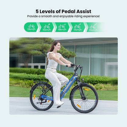 Touroll J1 ST 27,5 inch Trekking Bike met 250W Motor, 36V 15.6Ah Batterij, Max 100km Bereik, 1.8" LCD Display Shimano 7-Speed Schijfrem